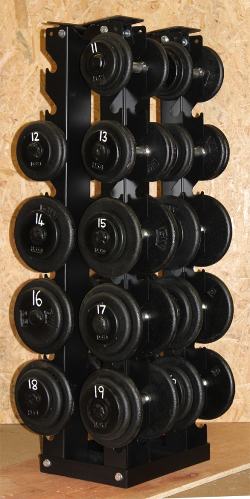 Custom hand made dumbbells and vertical bespoke rack